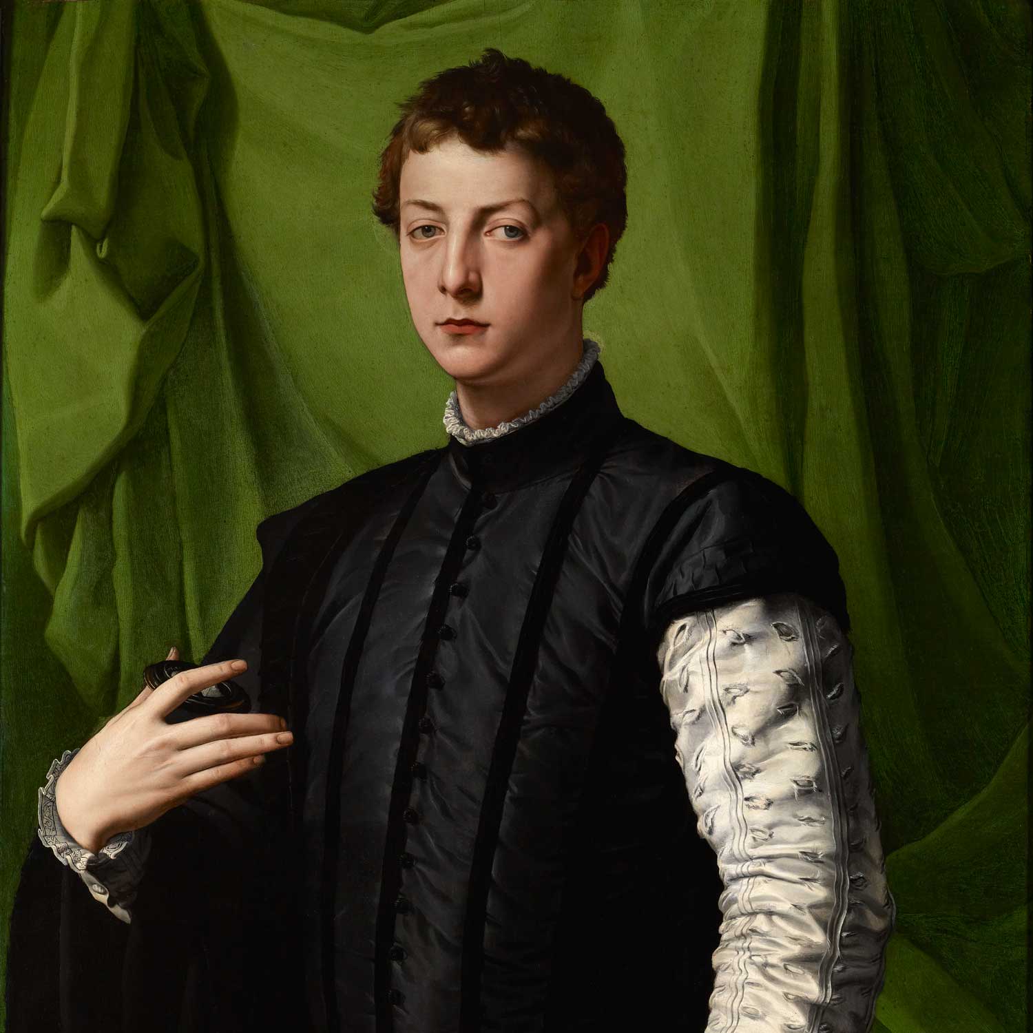 oil painting of a man wearing a black doublet and cloak standing in front of a green curtain