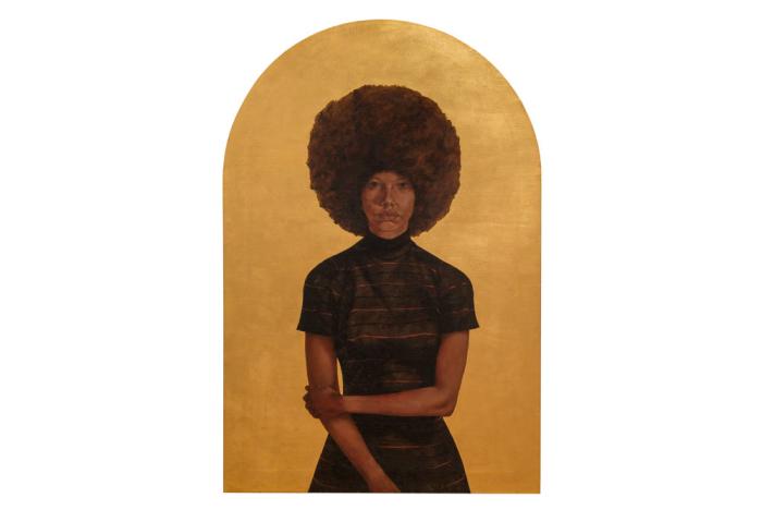 oil painting of woman with arm crossed at waist against gold background