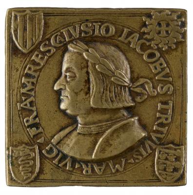 Square bronze medal of Giangiacomo Trivulzio, laureate, in armor, in profile to the right, with four coats of arms in the four corners