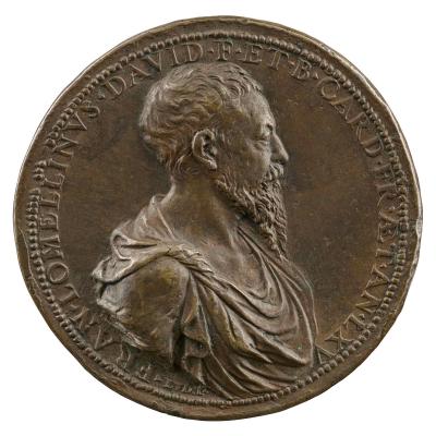 Bronze portrait medal of Francesco Lomellini with drapery around his shoulders and a sharply pointed beard, in profile to the left; pearled border