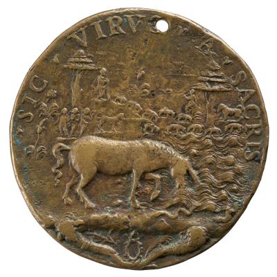 Bronze medal of a mule drinking from a body of water with a number of figures and animals in the background