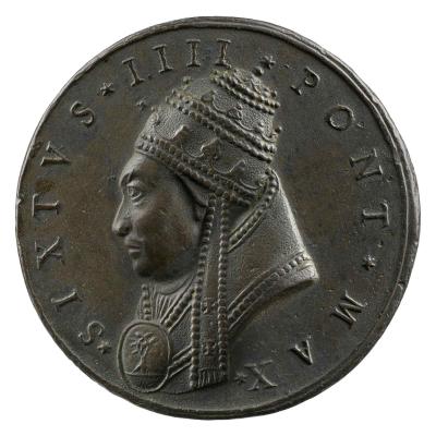 Bronze portrait medal of Francesco Della Rovere, Pope Sixtus IV wearing full papal regalia in profile to the left