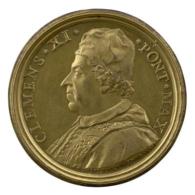 Gilt bronze portrait medal of Gian Francesco Albani, Pope Clement XI wearing a camauro and papal robes in profile to the left