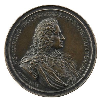 Bronze portrait medal of Giuseppe Carrillo de Albornoz with long, curly hair and wearing armor, in profile to the right