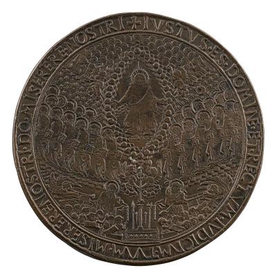 Bronze medal depicting the last Judgment with Christ in glory, among Angels and Saints, above an altar flanked by the Virgin Mary, the Baptist, and resurrected dead