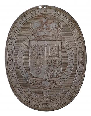 Silver medal of the armorial shield of King Charles I of England framed by the Garter, upon which is inscribed the motto of the Order of the Garter