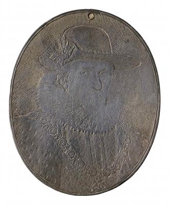 Silver portrait medal of King James I wearing a wide-brimmed hat, elaborate hat-badge, thick lace ruff, and the livery collar of the Order of the Garter (worn over his doublet and ermine robe)