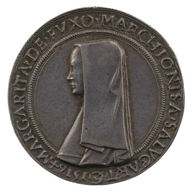 Silver portrait medal of Marguerite de Foix, Marchioness of Saluzzo wearing a widow’s veil