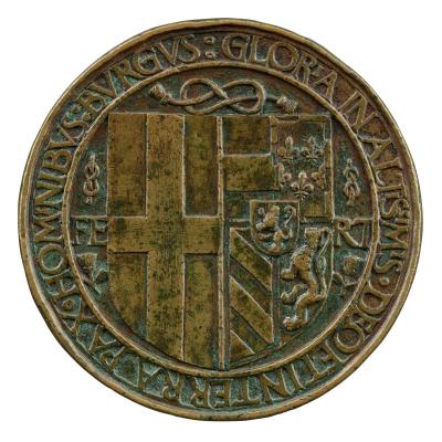 Bronze medal of a shield with coat of arms of Austria impaling Savoy