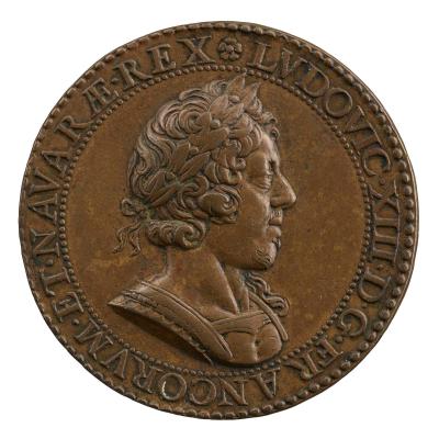Bronze portrait medal of Louis XIII, laureate, hair curled and with a lovelock on his shoulder, wearing plain armor; pearled border