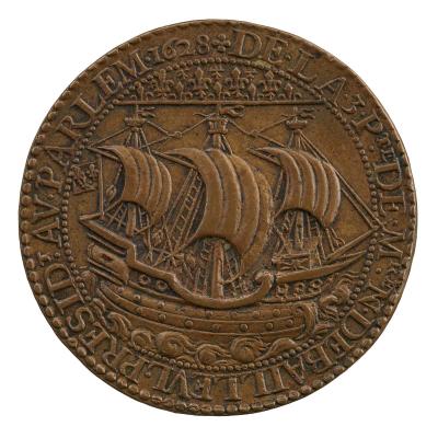 Bronze medal of a full-rigged ship of the line (part of the Arms of Paris), flying a flag emblazoned with France Modern; in exergue, a field of fleurs-de-lis; pearled border