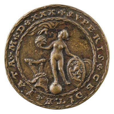 Bronze medal depicting a nude woman balancing on an orb and holding a shield and sphere