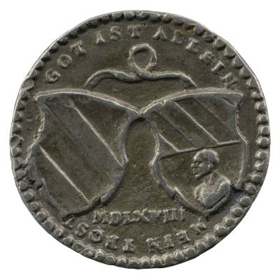 Silver medal depicting two tethered escutcheons