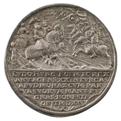 Silver medal of Louis II being attacked by the Ottoman chivalry and artillery