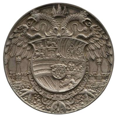 Silver medal depicting the shield of arms of Charles V hanging from the neck of the double-headed imperial eagle