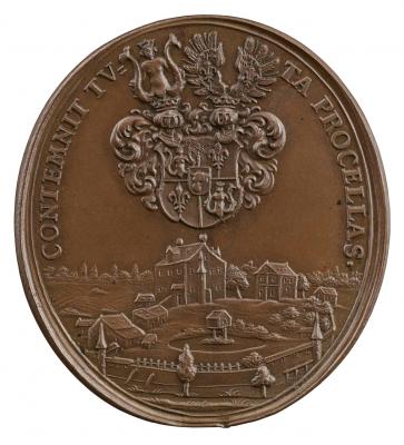 Bronze medal depicting the walled city of Kornburg, with the Rieter family crest above