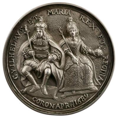 Silver portrait medal of King William III and Queen Mary seated and crowned, each wearing their coronation robes and holding a scepter and orb