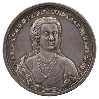 Silver portrait medal of Marie-Louise of Hesse-Kassel wearing a chemise with a furred cloak and headscarf