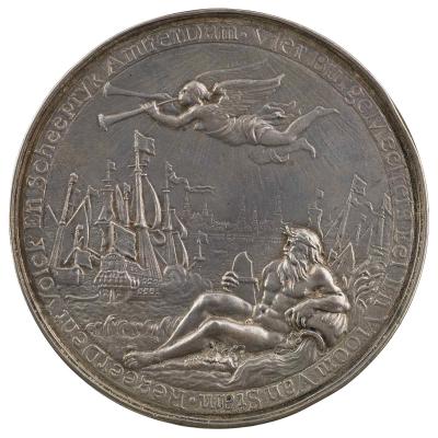 Silver medal of ships, including a warship firing its cannons, on a river before Amsterdam, watched over by a reclining river god (a rudder in one hand and an urn, from which water flows, in the other); above, Fame sounds two trumpets, and the sun’s rays illuminate all