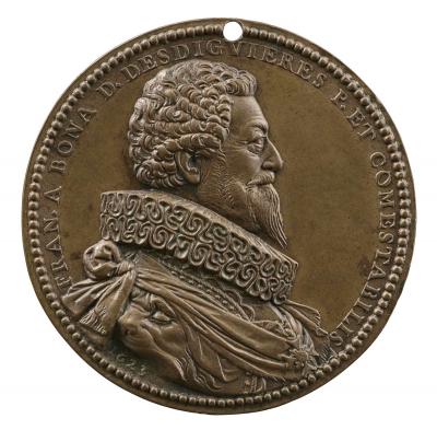 Bronze medal of a man wearing a cross, armor, draped, with lion-headed pauldrons
