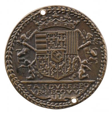 Bronze medal of the Lorraine coat of arms, with ducal crown, and four genies as supporters; laurel leaves as border