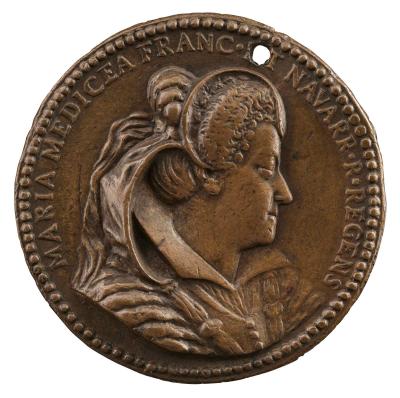 Bronze portrait medal of Marie de’ Medici, in a bongrace and widow’s veil, wearing a plain standing collar, a ruched shirt, a plain bodice, and an over-gown; pearled border