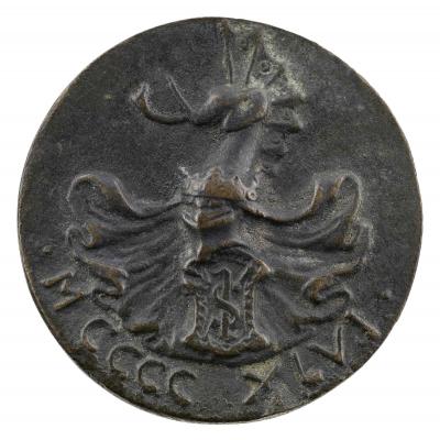 Bronze medal of a shield with an S, a helmet with drapery, with an elephant head  above