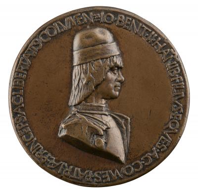 Bronze portrait medal of Giovanni II Bentivoglio wearing a round hat and armor in profile to the right