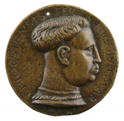 Bronze portrait medal of Niccolo III d'Este in profile to the right, with a prominent double-chin