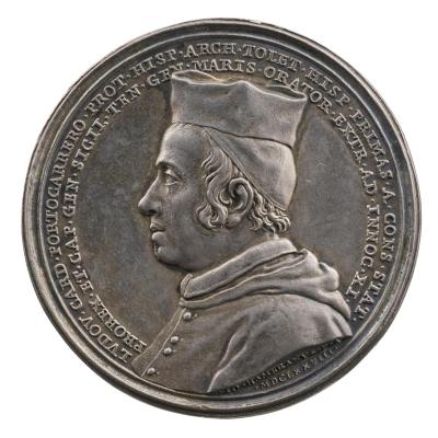 Silver portrait medal of Cardinal Ludovico Portocarrero wearing a hooded mozzetta, and a biretta over a zucchetto, in profile to the left