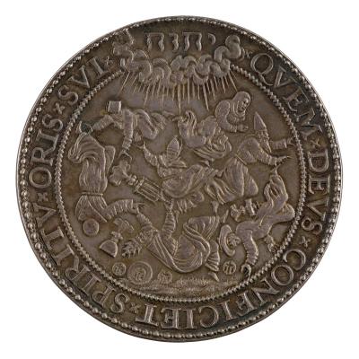 Silver medal depicting the name Jehovah in Hebrew in a shining cloud; the pope, accompanied by monks and other members of the clergy, falling from heaven along with chalices, reliquaries, and hosts. Double pearled border