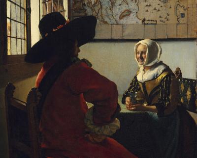 Painting detail of two figures seated at a table in front of a large wall map