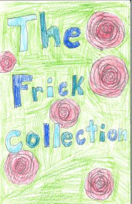 Sketched page featuring pink flowers, green background, and the words "The Frick Collection" in blue