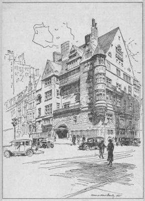 Drawing of a massive townhouse standing on the corner of a busy intersection in mid-century Manhatta