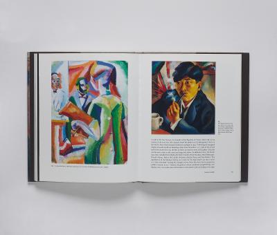 Book spread with a modernist painting at left and a portrait of a man smoking a pipe at right