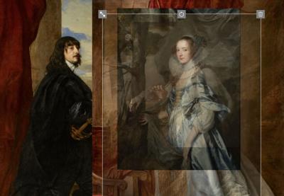 Painting of couple in 17th-century clothing, the woman overlaid with women from other paintings