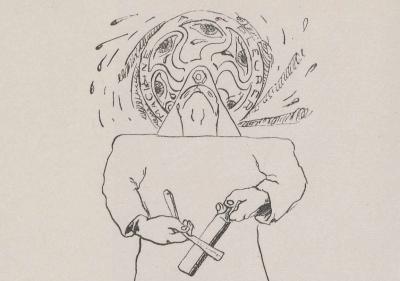 Surrealist composite drawing of a figure with multiple crying eyes sharpening a blade