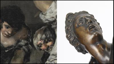 At left a painting detail of two male figures. At right a female face in anguish in bronze.