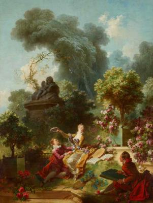 Oil painting of a woman crowning a man with a flower crown in a lush green landscape