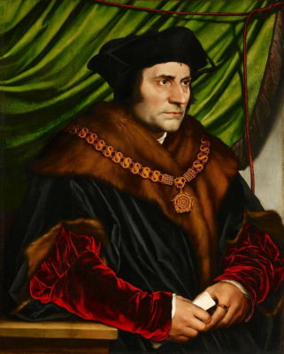 Oil painting of Sir Thomas More in a black cap and fur-lined black cloak against a green curtain