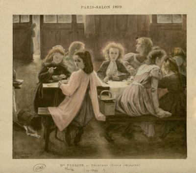 Archival photo of a painting of a group of young girls eating at a school lunch table
