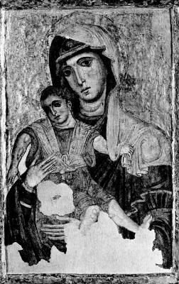 A restored half-length painting of the Virgin Mary wearing a veil holding the Baby Jesus.