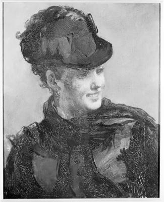 Black-and-white image of a portrait of a woman in a hat looking to the left and smiling.