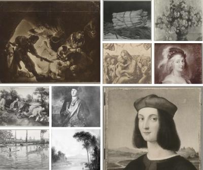Collage of black-and-white archival photographs of works of art