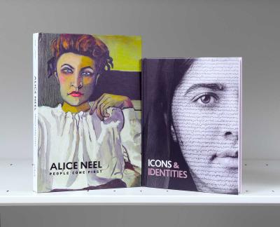 Two book covers on a white shelf, each featuring a portrait of a woman