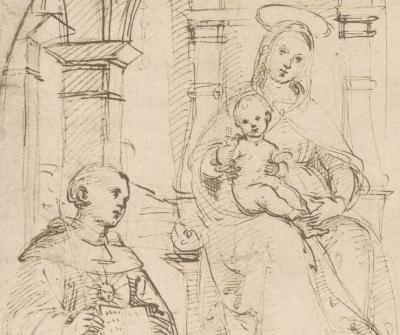 Detail of a sketch of a saint beneath the Virgin Mary on a pedestal holding the infant Jesus