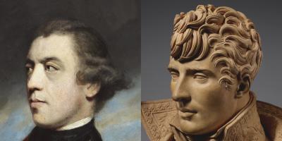 At left a painting detail of a poised British general. At right a young man depicted in terracotta.