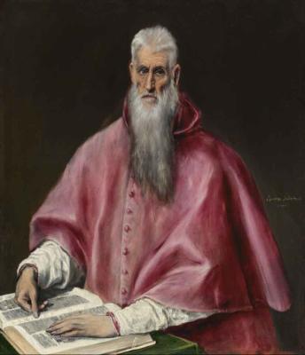 Painted portrait of an old man in red robes standing at a desk with large open 