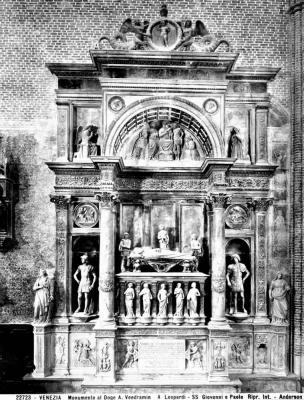 A black-and-white photograph of a Renaissance wall tomb set in a Venetian church.