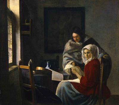Painting of a woman  seated at a table set near a window with a man handing her a sheet 